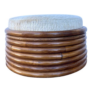 1970's Vintage Round Stacked Rattan Ottoman For Sale