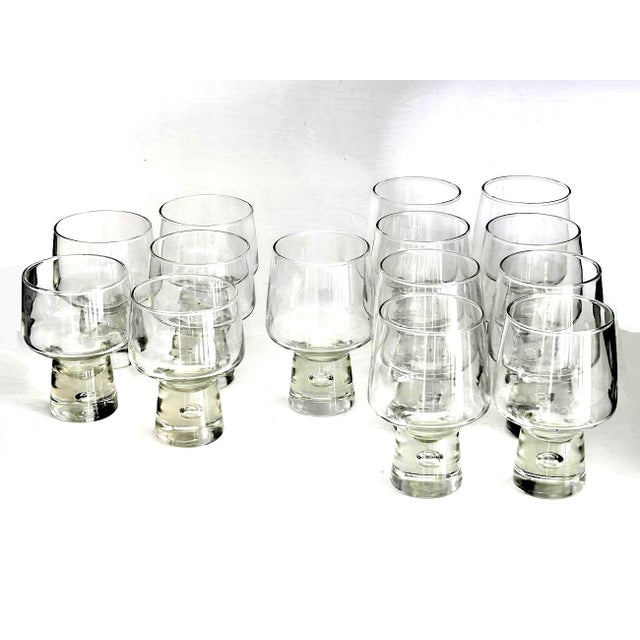 Offered is a set of the Libbey Glass "Riviera" pattern goblets with controlled bubbles in solid cylinder block stems,...