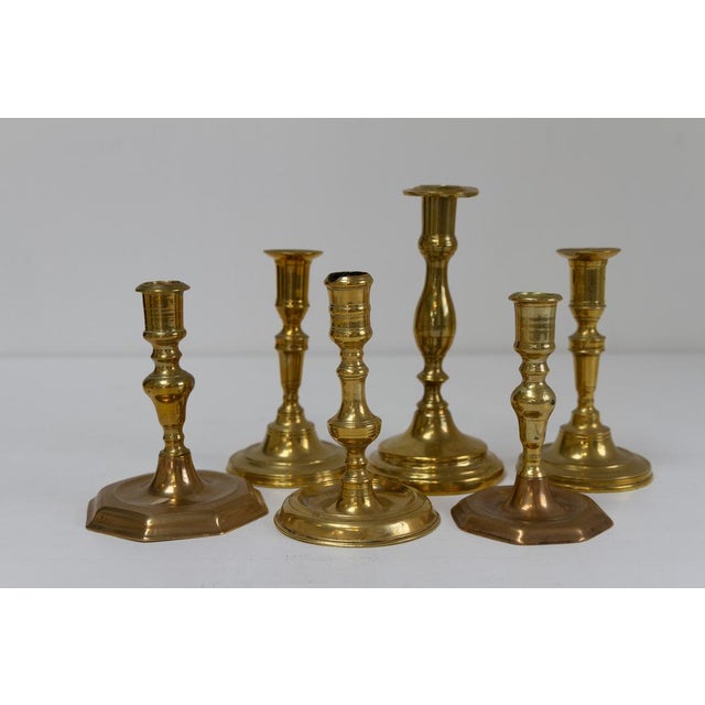 Antique Danish Baroque Brass Candlesticks. Set of 6. Extremely charming collection of Danish antique candle holders in...