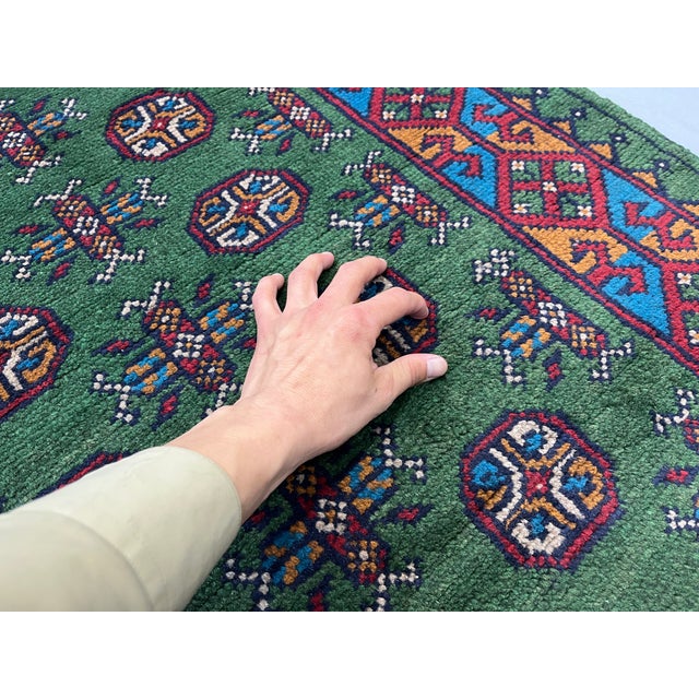 Green Tribal Geometric Hallway Runner Rug With Red and Turquoise Border, 2'9" X 16'1" For Sale - Image 11 of 13