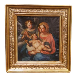 17th C. French School Oil on Canvas Painting of Madonna and Child With Angel For Sale