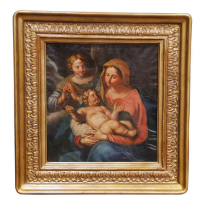 17th C. French School Oil on Canvas Painting of Madonna and Child With Angel