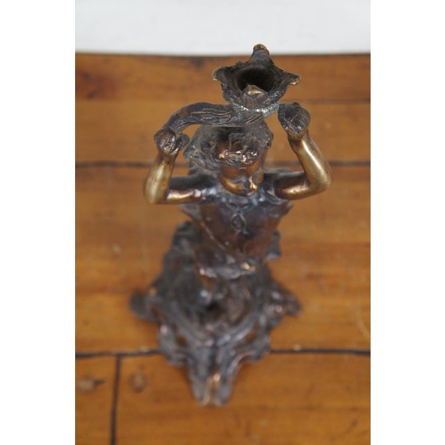 Bronze Late 20th Century French Neolcassical Cast Bronze Boy With Torch Figural Candle Holder Statue For Sale - Image 8 of 12