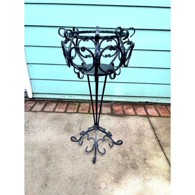 Vintage Black Wrought-Iron Scrollwork Pedestal Plant Stand For Sale - Image 4 of 7