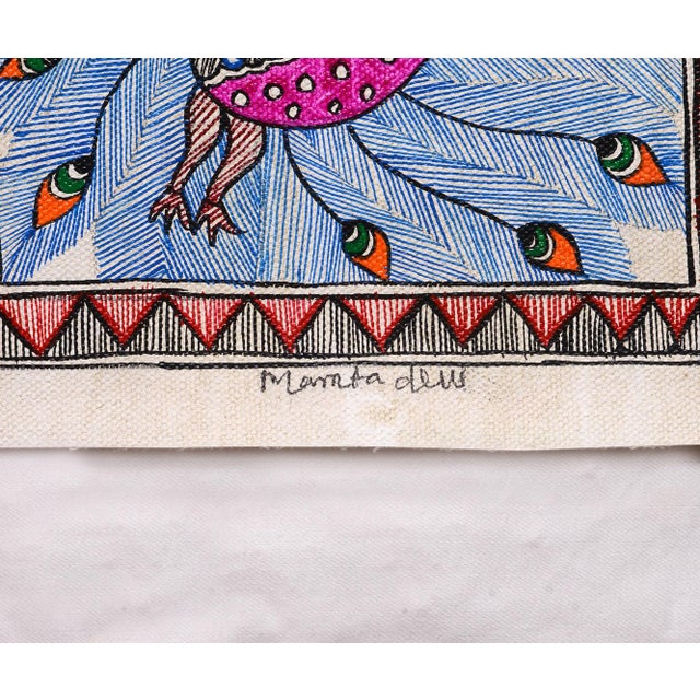 Folk Art Mamta Devi, 2016 National Award Winner – Hand-Painted Madhubani Folk Painting on Canvas, Tree of Life With Colorful Peacocks & Birds For Sale - Image 3 of 4