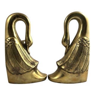 Vintage Hollywood Regency Style Brass Swan Bookends - a Pair For Sale