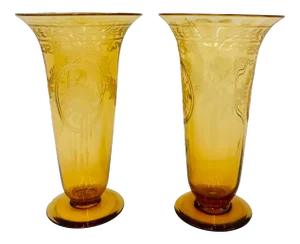 Antique Etched Amber Glass Vases - a Pair