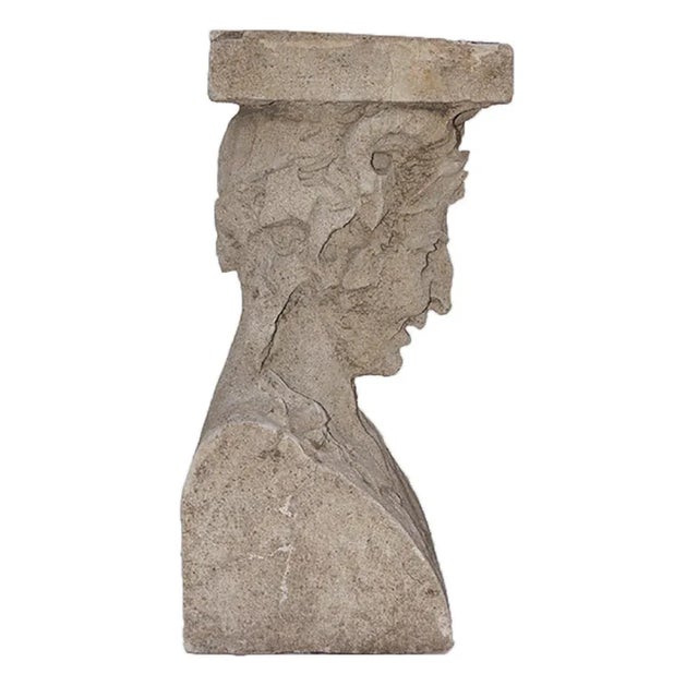 Pair of antique, Late 19th century cast stone pedestals. Figural bust and foliate design.