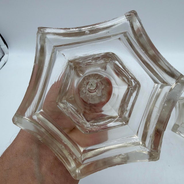 Transparent 1850s Gothic Arch Pressed-Glass Oil Lamps, Attributed to Boston & Sandwich, - Pair For Sale - Image 8 of 18