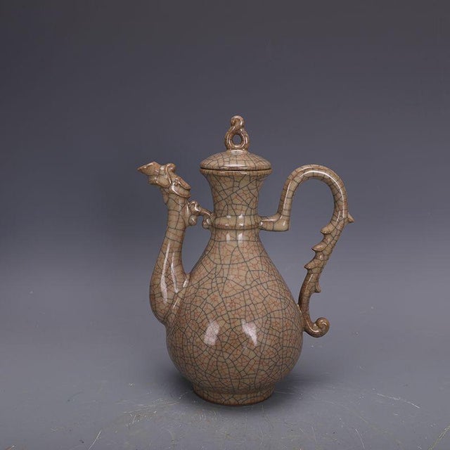Ge Style Crackle Glaze Porcelain Ewer, Dragon Spout Lidded Wine Pitcher For Sale - Image 4 of 9