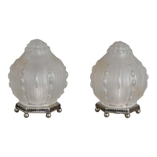 Georges Leleu Pair of French Art Deco Night Lamps, 1930s Artichoke Glass For Sale