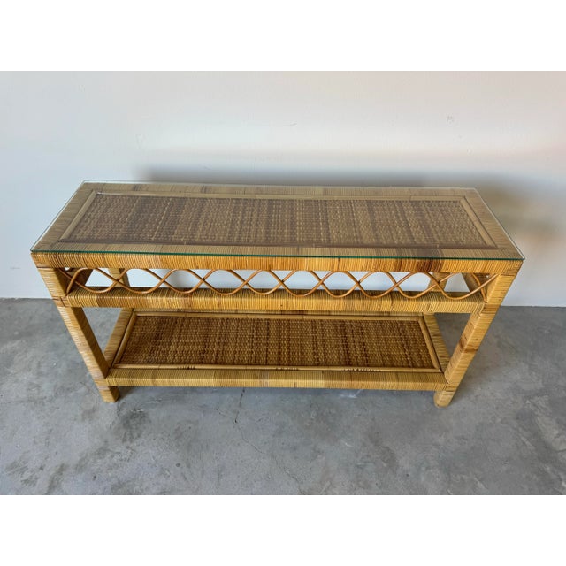 Vintage Coastal Rattan Two-Tier Console Table With Glass Top/Sold For Sale - Image 9 of 12