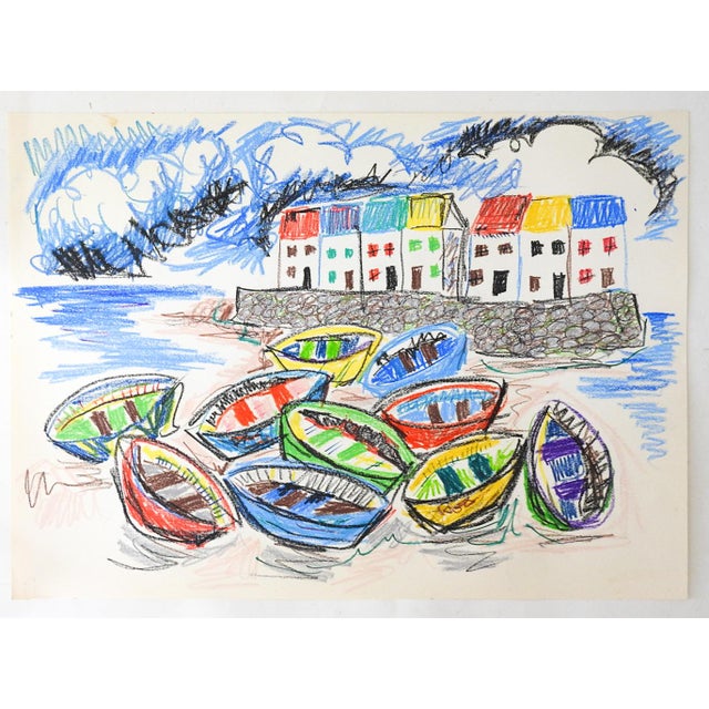 Mid 20th century oil pastel on paper colorful boat harbor expressionist drawing. Unsigned. Unframed, edge wear, couple...