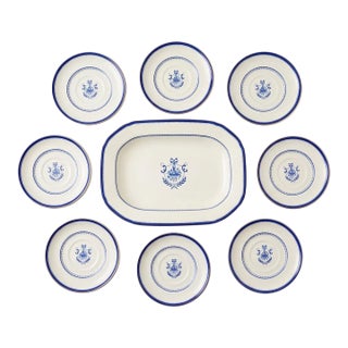 Vintage Neoclassical Cobalt Blue & White Porcelain Serving Set - Platter & 8 Dessert Plates - 9 Pieces For Sale