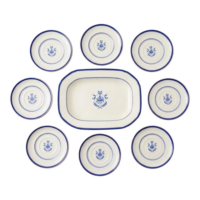 Vintage Neoclassical Cobalt Blue & White Porcelain Serving Set - Platter & 8 Dessert Plates - 9 Pieces For Sale