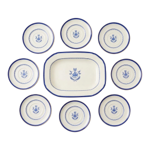 Vintage Neoclassical Cobalt Blue & White Porcelain Serving Set - Platter & 8 Dessert Plates - 9 Pieces
