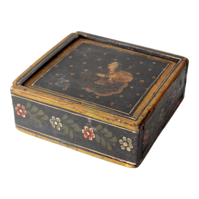 Vintage Painted Wooden Slide Top Box For Sale