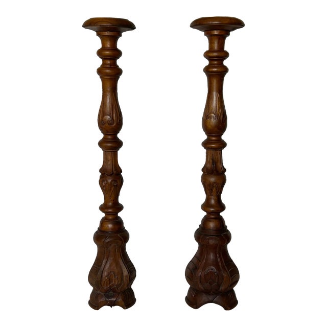 1960s Vintage Pair of Anglo Indian Carved Mahogany Candle Stands For Sale