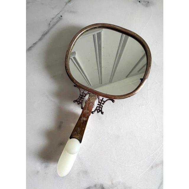 Metal Antique 19th Century Chinese Carved Jade-Mounted and Bejeweled & Repoussé Silver Tone Metal Back Hand Mirror 7.3"x4" For Sale - Image 7 of 13