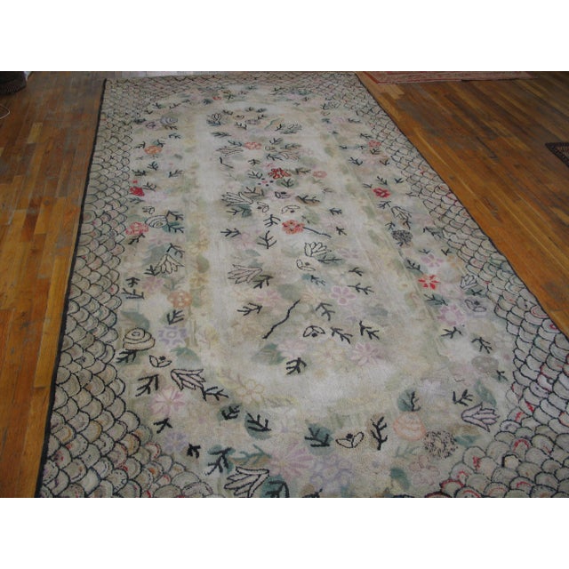 Folk Art 1920s Ivory Floral Folk Art American Hooked Rug Gallery Rug 6' X 12' Handknotted Wool Carpet For Sale - Image 3 of 6