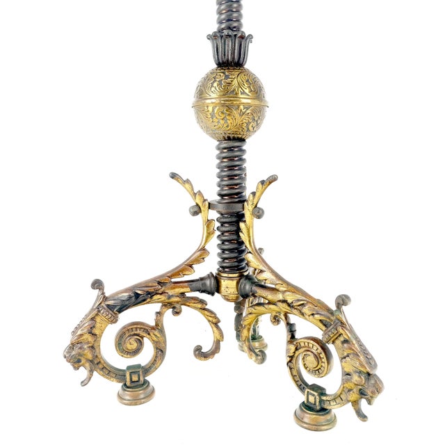 19h Century Cast Polished Brass Tripod Base Adjustable Height Oil Flor Lamp MINT For Sale - Image 13 of 17