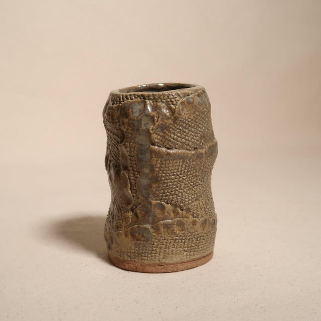 Mid-Century Modern 1970s Signed Hand-Formed Textured Studio Pottery Vase With Organic Wabi-Sabi Glaze For Sale - Image 3 of 9