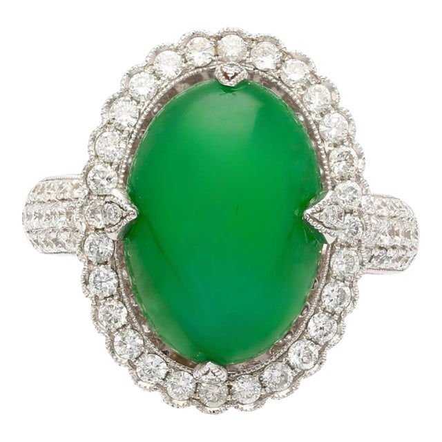Vintage 7.29 Carat Jadeite Jade "A" Ring With Round Diamond Halo & 18k Milgrain Size 6 For Sale