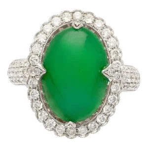 Vintage 7.29 Carat Jadeite Jade "A" Ring With Round Diamond Halo & 18k Milgrain Size 6