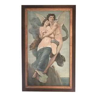 Early 20th Century Enchanting Large Antique Oil Painting of Legendary Lovers 'Eros (Cupid) and Psyche' After Bouguereau For Sale