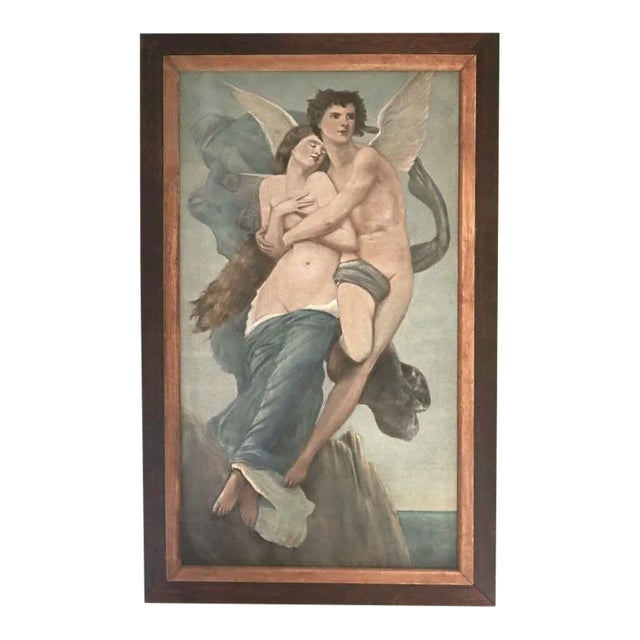 Early 20th Century Enchanting Large Antique Oil Painting of Legendary Lovers 'Eros (Cupid) and Psyche' After Bouguereau For Sale