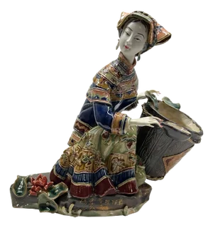 Chinese Porcelain Miao Tribal Dressing Basket Lady Figure