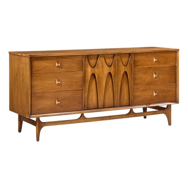 Broyhill Brasilia Mid Century Walnut and Brass 9 Drawer Lowboy Dresser For Sale