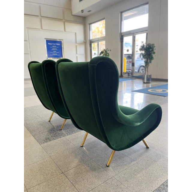 Metal Marco Zanuso Green Velvet Mohair "Senior" Lounge Chairs - A Pair For Sale - Image 7 of 16