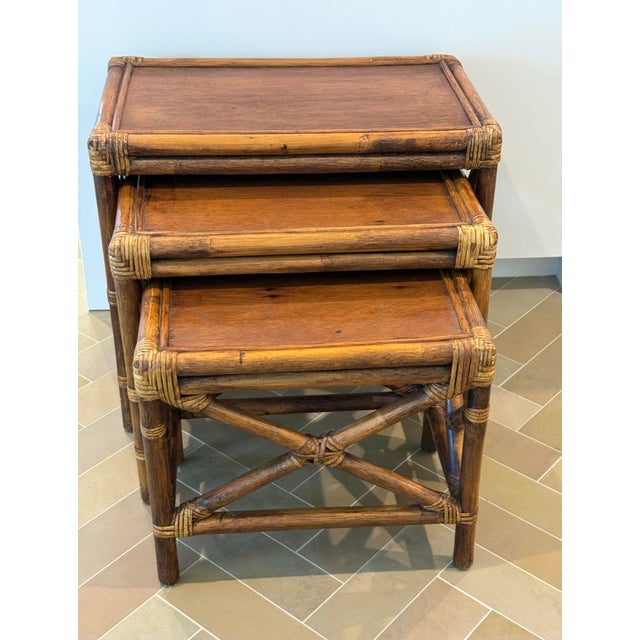 1950s 1950s Rattan & Mahogany Nesting Tables, Set of Three For Sale - Image 5 of 10