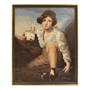 Mid Century Oil on Canvas Boy and Rabbit Reproduction of Original by Sir Henry Raeburn 1814