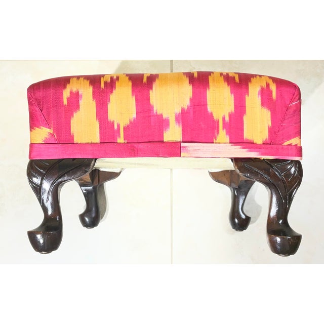 Antique Solid Wood Footstool / 19th-Century Silk Ikat /Artisan Statement Piece For Sale - Image 9 of 16