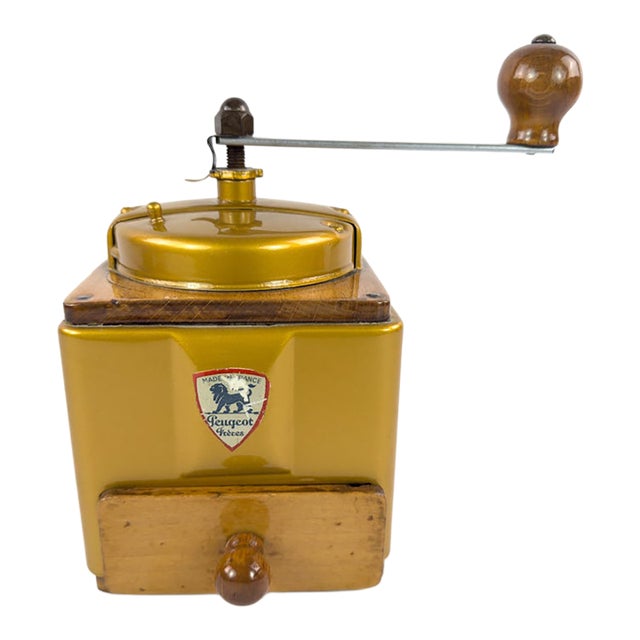 Vintage Peugeot Frères French Coffee Grinder in Mustard Gold, Mid-20th Century For Sale