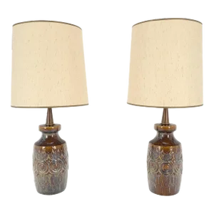 Brown Grey Blue Glazed Pottery Ceramic Vase Shape Table Lamp - A Pair