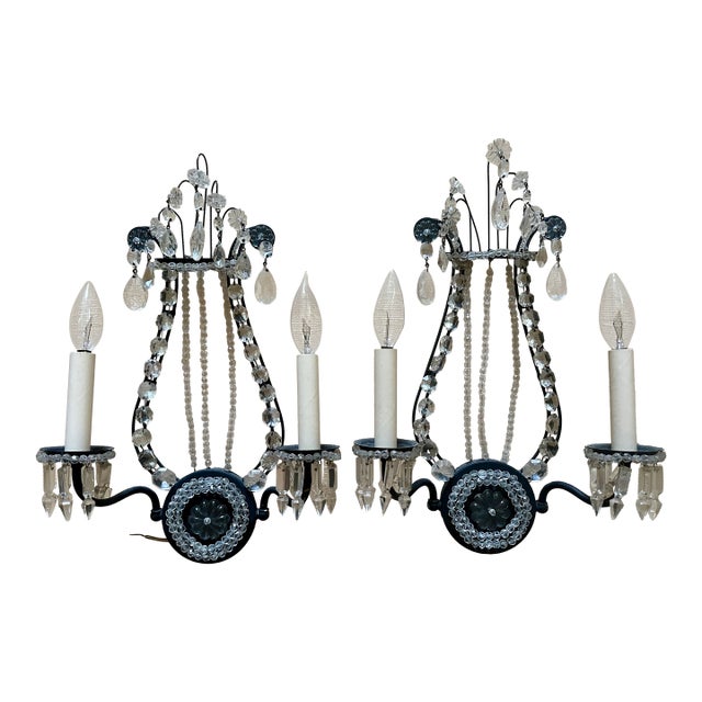 Pair Classical Sconces With Lyre Shape, Circa 1920, Black Iron With Crystal, Restored. For Sale