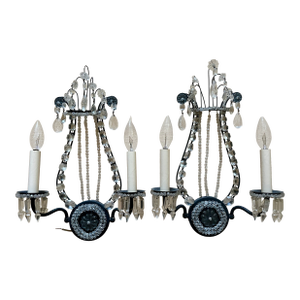 Pair Classical Sconces With Lyre Shape, Circa 1920, Black Iron With Crystal, Restored.