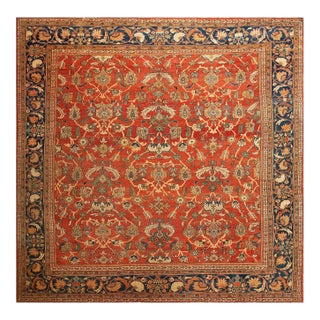 1900s Red Rust Rustic Floral Antique Persian Sultanabad Rug 11' 6'' X 12' Handknotted Wool Carpet For Sale