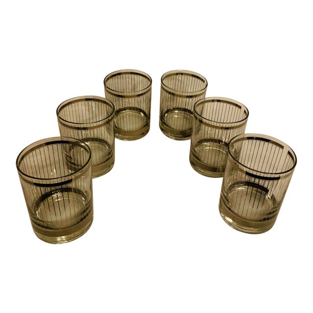 Georges Briard Silver Mirror Pin Stripe Low Ball Glasses - Set of 6 For Sale