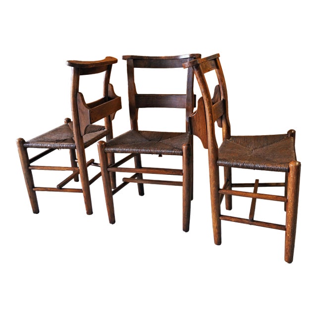 Vintage Chapel Chairs With Original Hymnal Racks – Set of 3, Solid Wood, Rush Seat For Sale