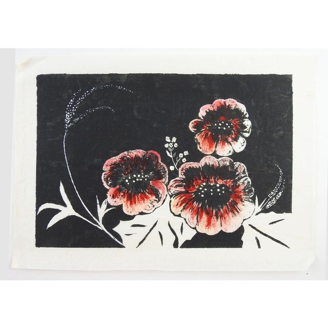 Vintage late 20th century serigraph on thin mulberry kozo paper. Black print with hand colroed pink and red flowers....
