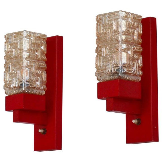 Red Lacquered Wood & Amber Glass Wall Lamps from Vitrika, Denmark, 1970s, Set of 2 For Sale - Image 17 of 17