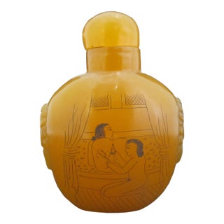 Chinese Erotic Orange Engraved Mock Mask Ring Handle Snuff Bottle For Sale
