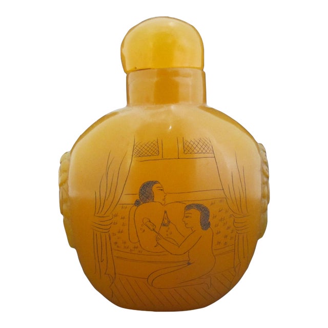 Chinese Erotic Orange Engraved Mock Mask Ring Handle Snuff Bottle For Sale
