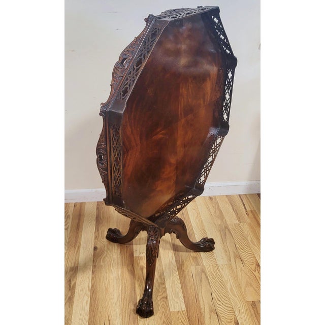 Vintage English Chippendale Style Flamed Mahogany Open Fretwork Tilt-Top Table For Sale - Image 4 of 18