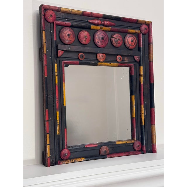 Early 20th Century Vintage Tribal Folk Art Painted Wood Wall Mirror in Black, Red & Yellow For Sale - Image 5 of 13