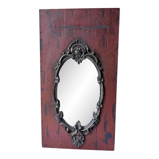 Vintage Red Distressed Wall Mirror With Ornate Frame For Sale